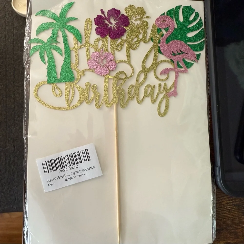 25 Pack Tropical Luau Cupcake Toppers with Happy Birthday Flamingo Cake Topper